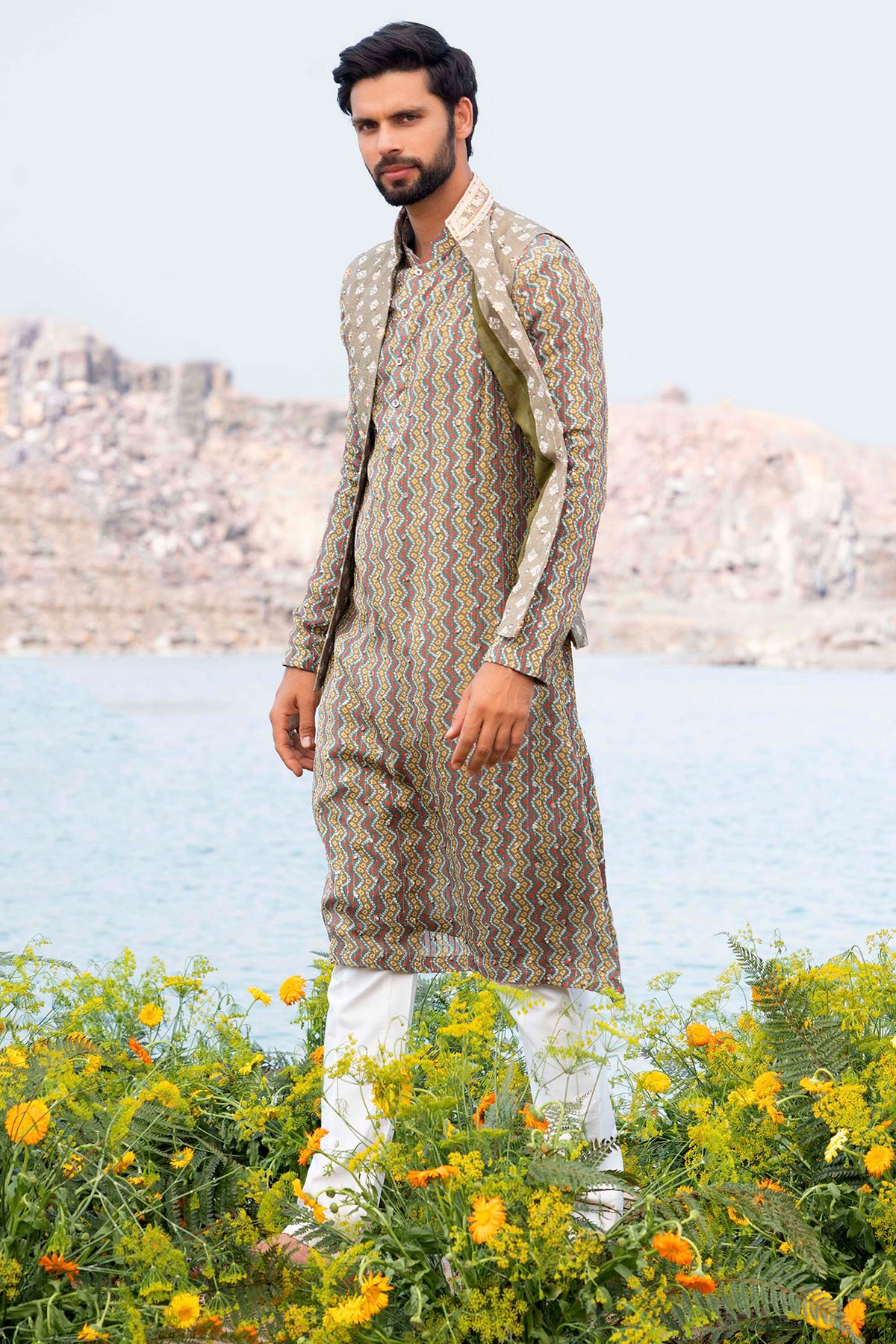 Pista Green Kurta Jacket With Off White Pants