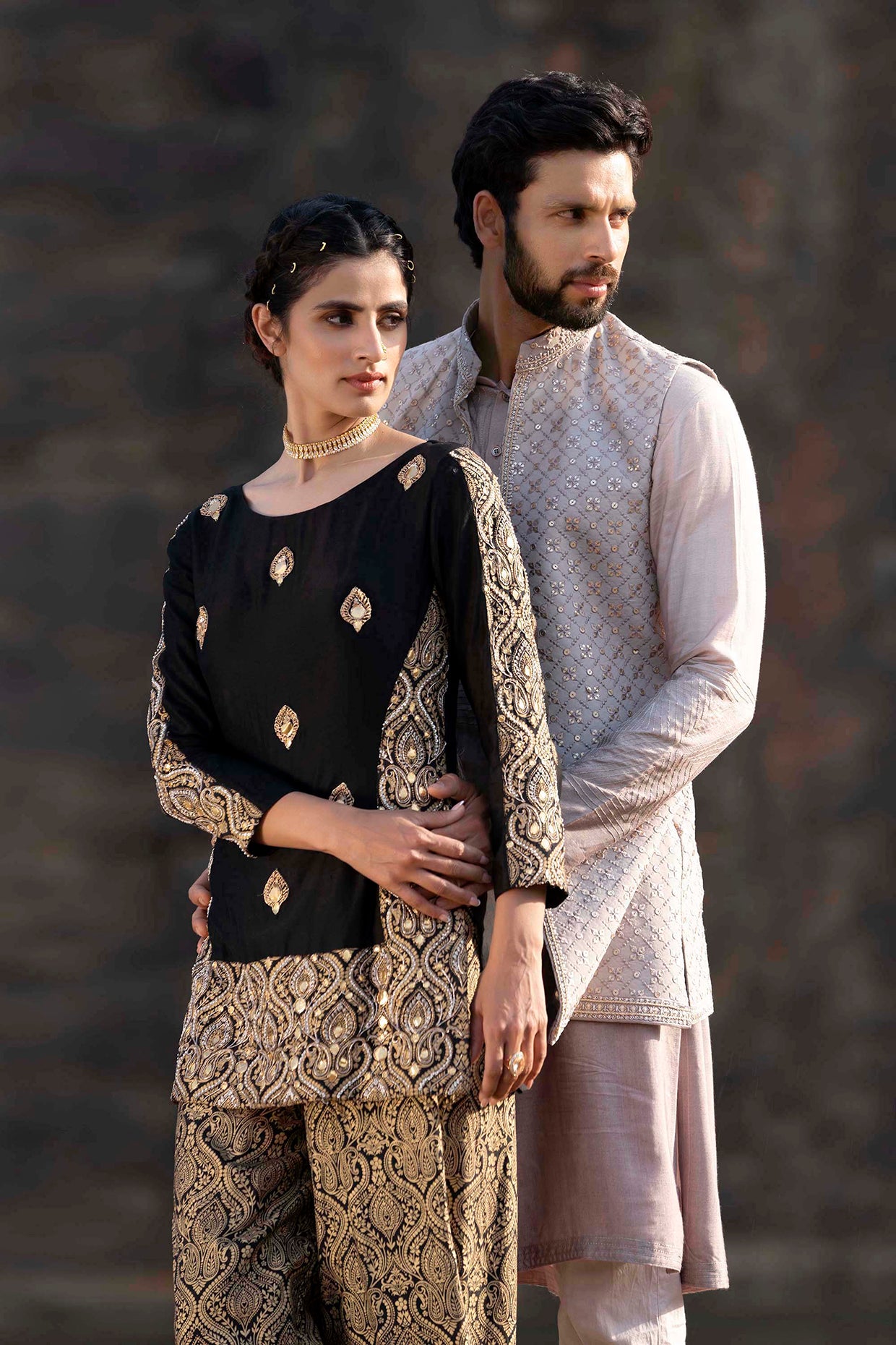 Melange Grey Kurta Jacket Set With Box Pants shop soniyag