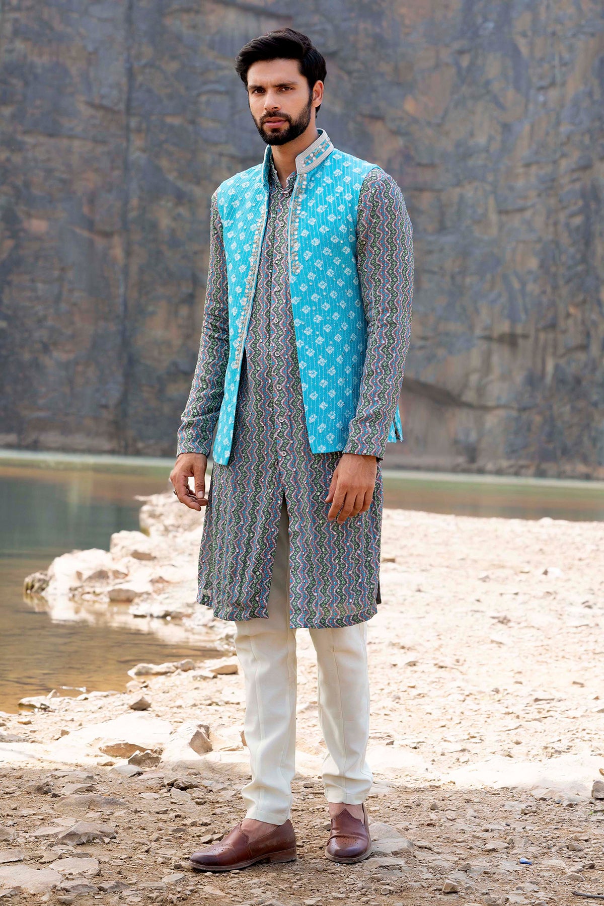 Ferozi Coloured Kurta Jacket Set With Box Pants