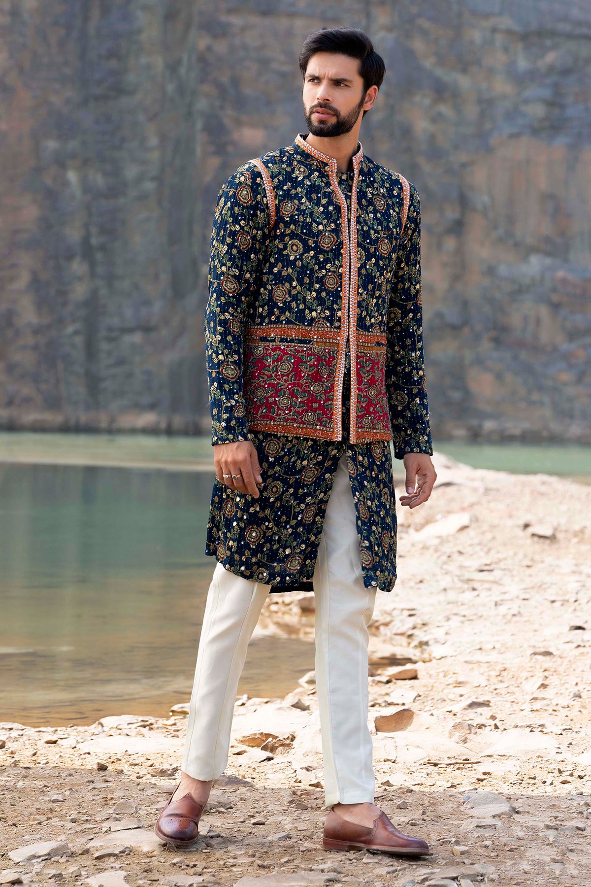 Navy Blue Coloured Kurta Jacket Set With Box Pants