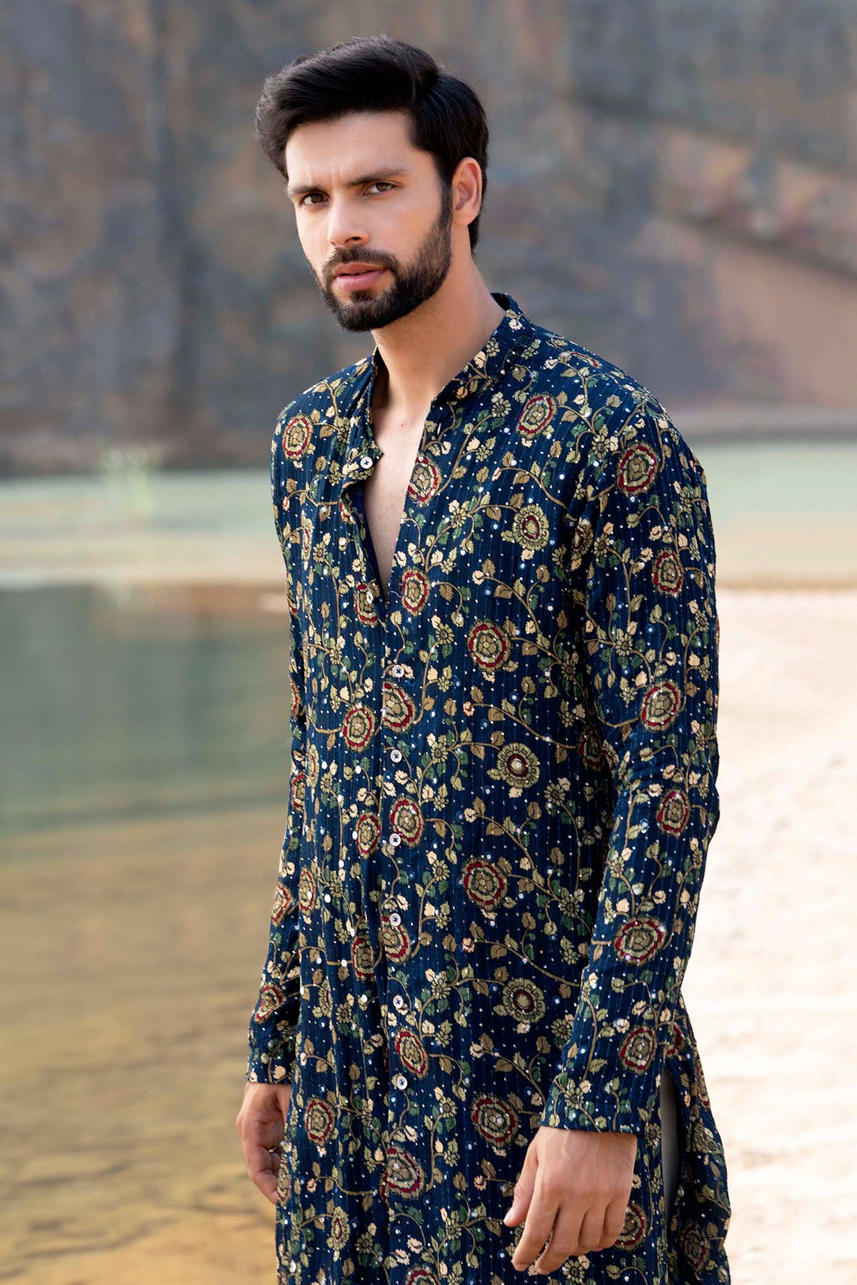 Navy Blue Kurta With Box Pants