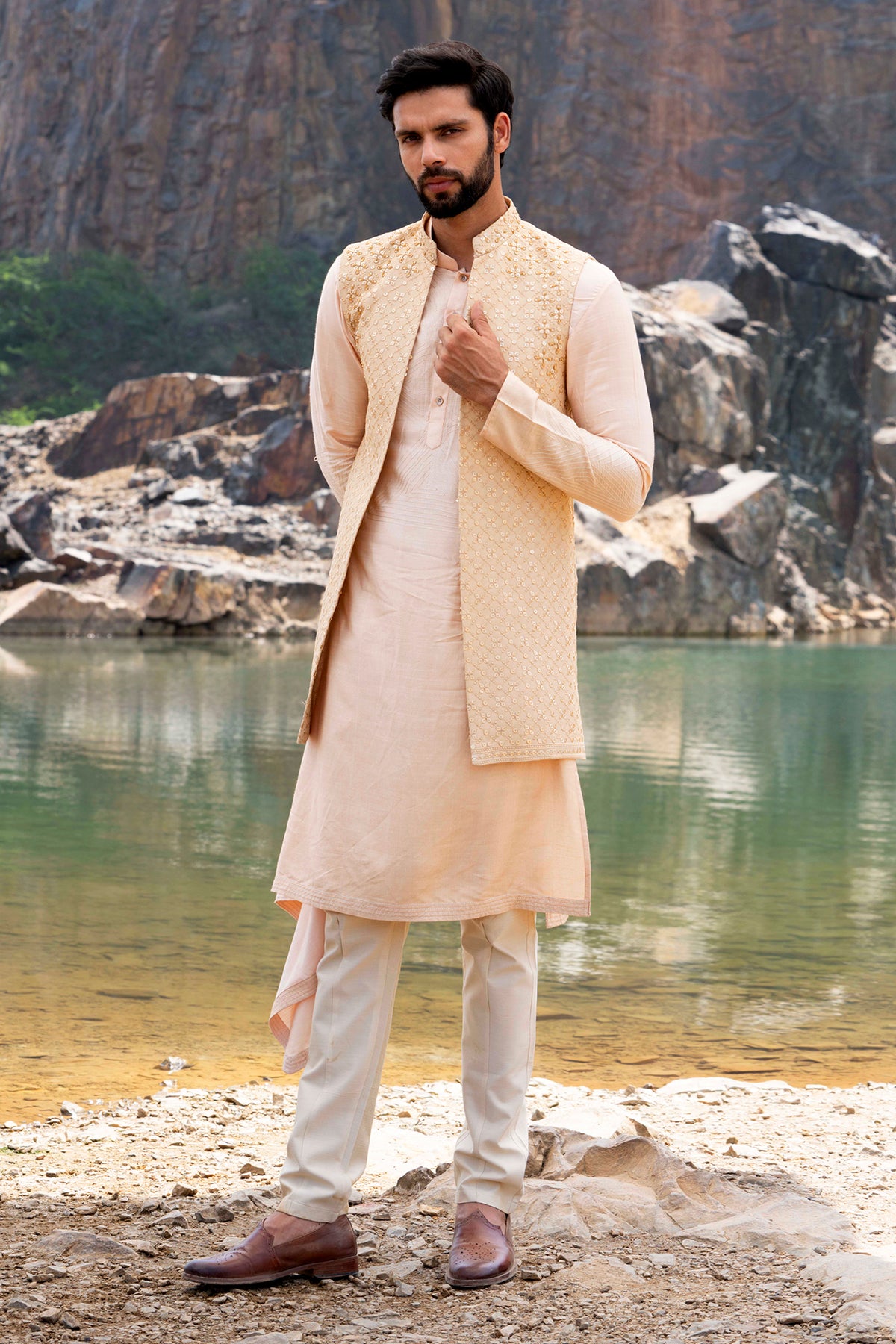 Gold Coloured Kurta Jacket Set With Box Pants