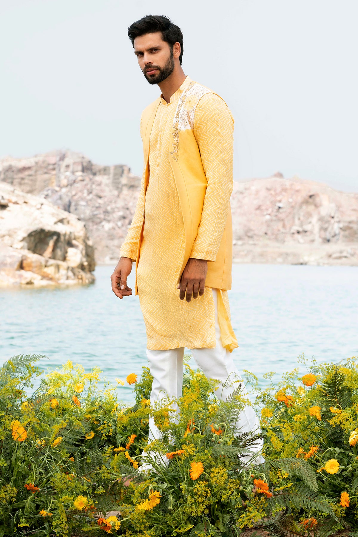 Fazal Yellow Kurta Jacket Set With Box Pants