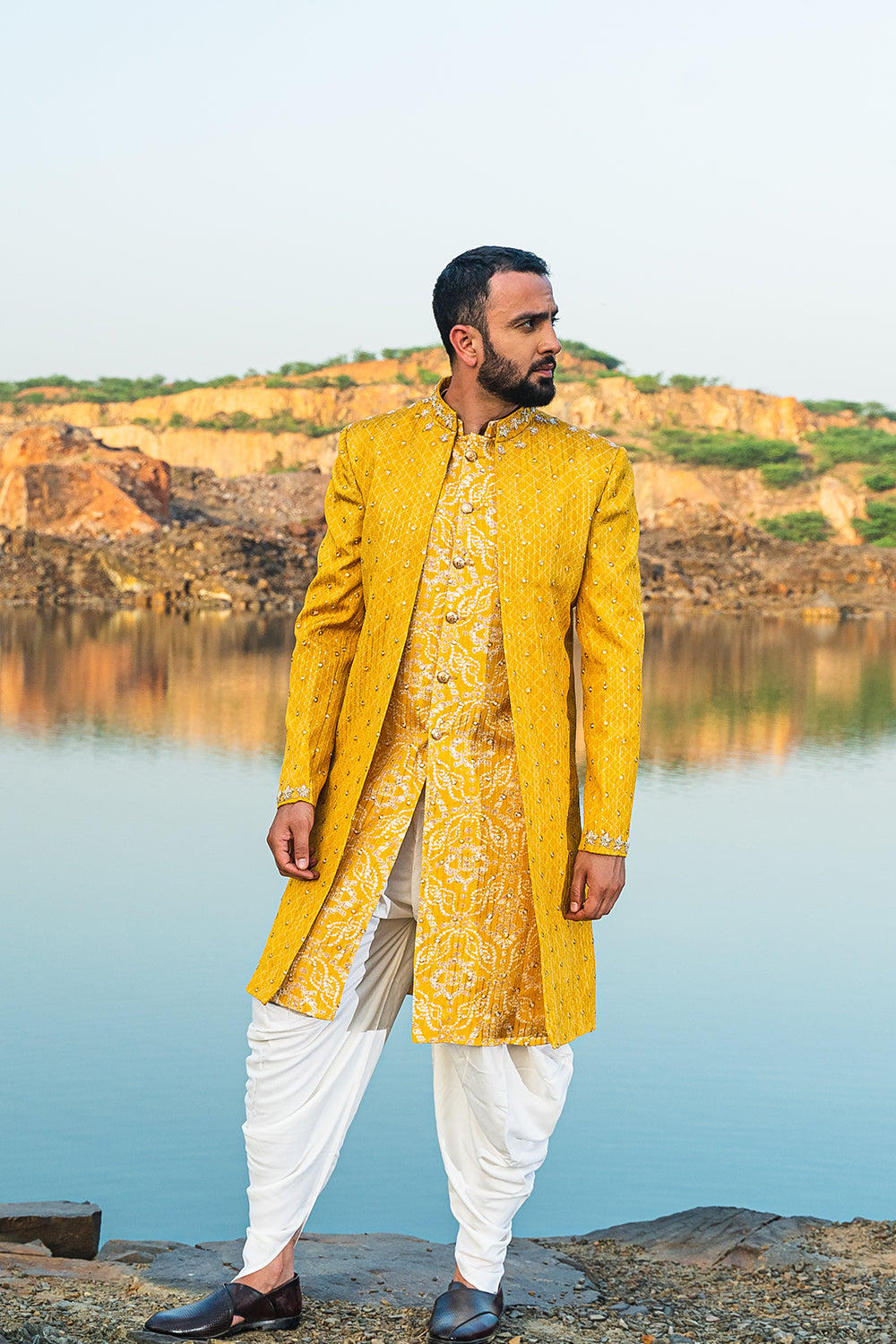 Yellow Coloured Indowestern With White Harem Pants