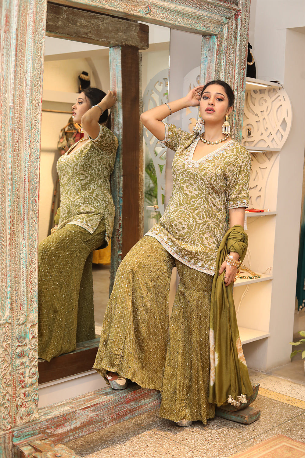 Olive Green Sharara Suit With Bandhni