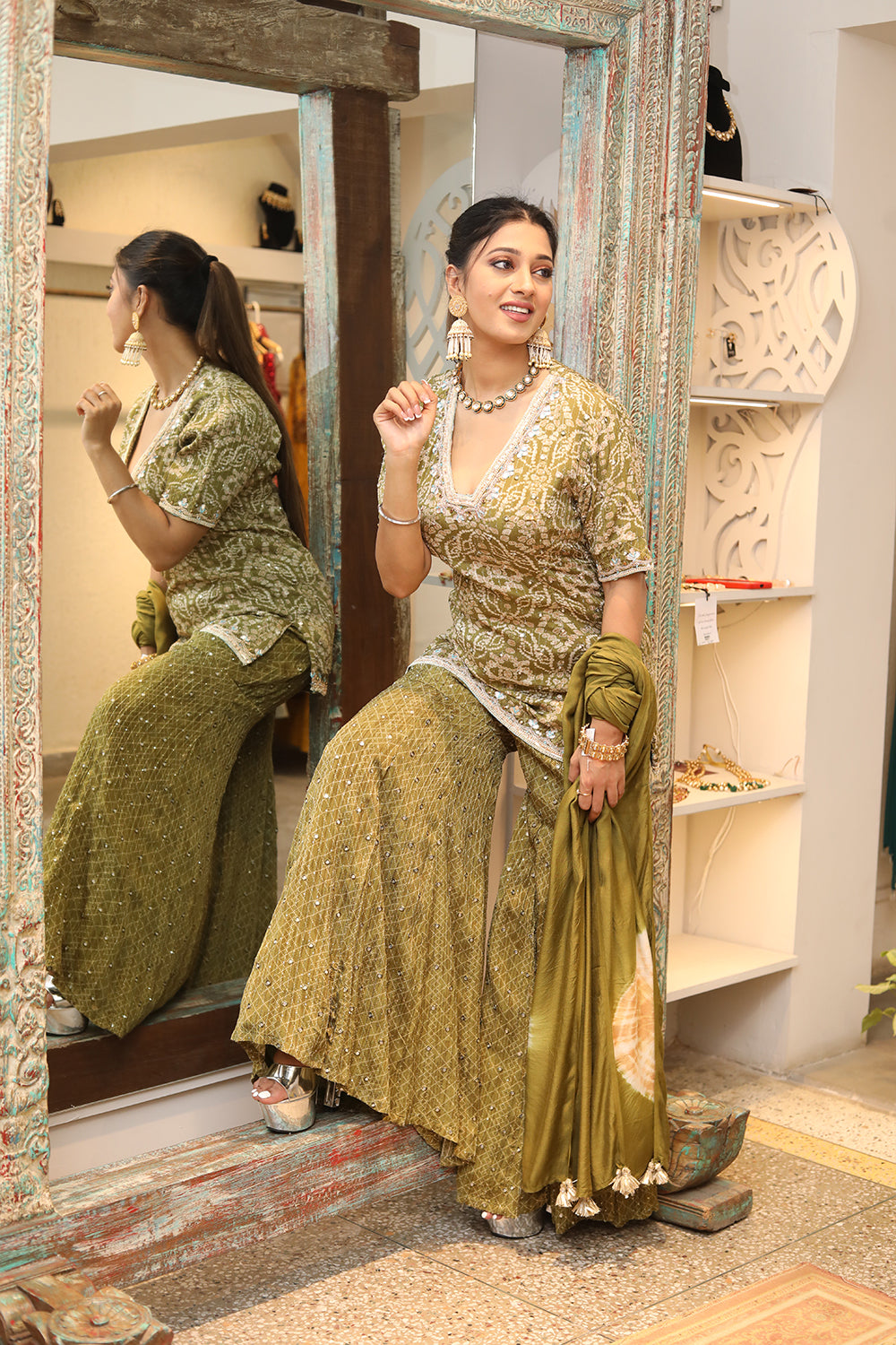 Olive Green Sharara Suit With Bandhni