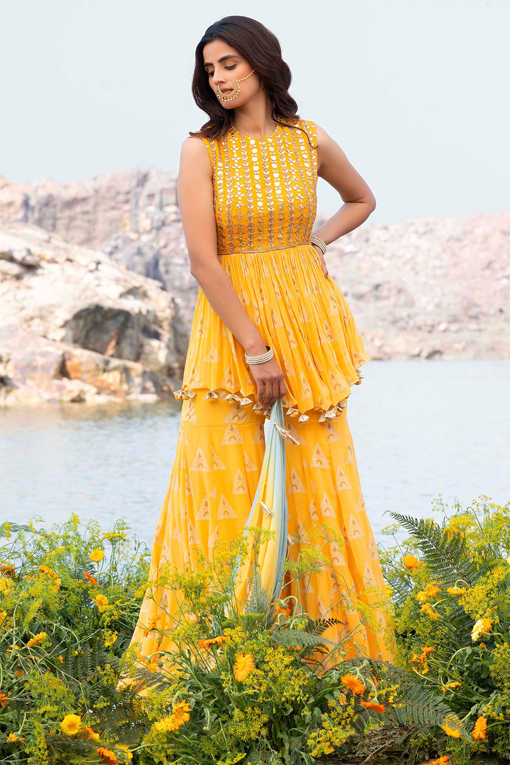 Yellow Peplum Set With Sharara