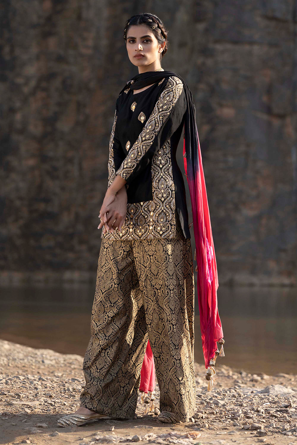 Black Suit In Brocade With Salwar