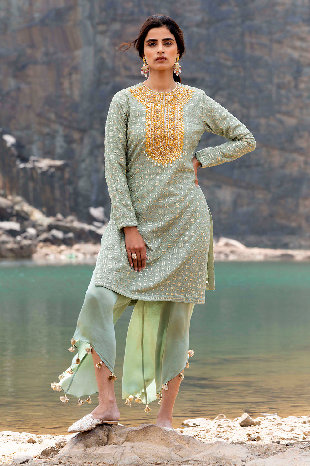 Pista Green Pakistani Suit With Dhoti