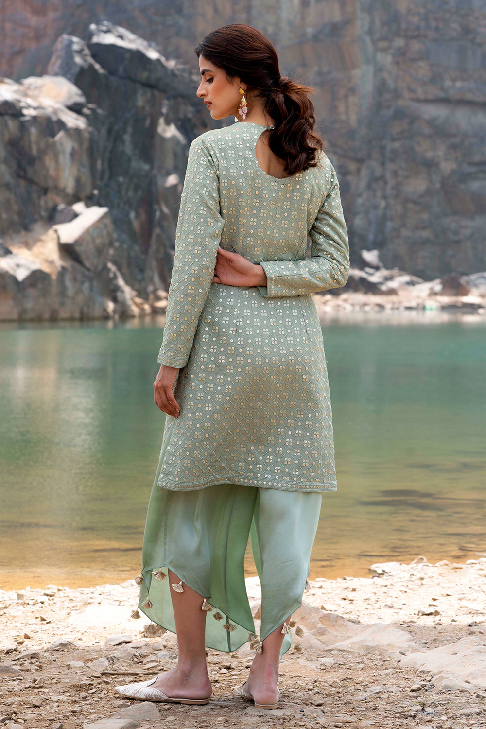 Pista Green Pakistani Suit With Dhoti