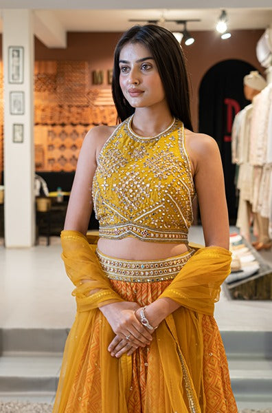 Halter Neck Blouse For Lehenga Mustard Coloured Lehenga With A