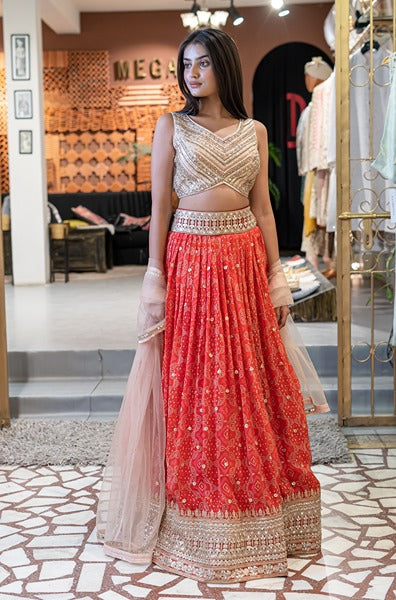 Printed Carrot Colour Lehenga With A V Neck Blouse