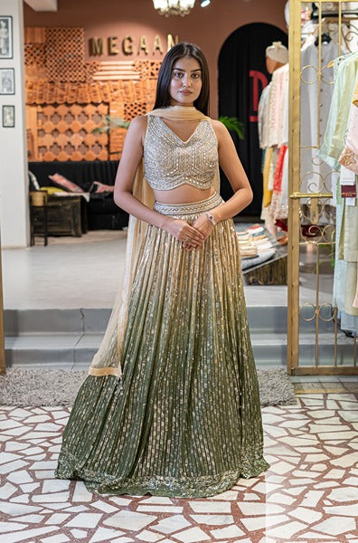 Ombre Sequenced Lehenga In Mehendi Green