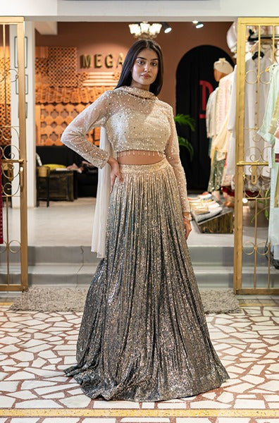 Ombre Sequenced Lehenga In Sage Green