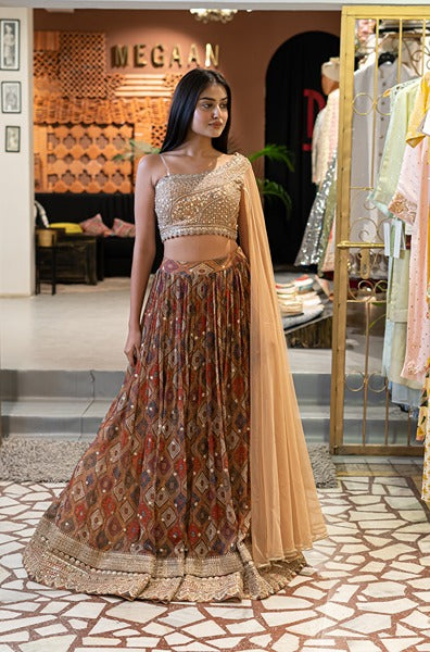 Multicoloured Printed Lehenga With An Off Shoulder Blouse