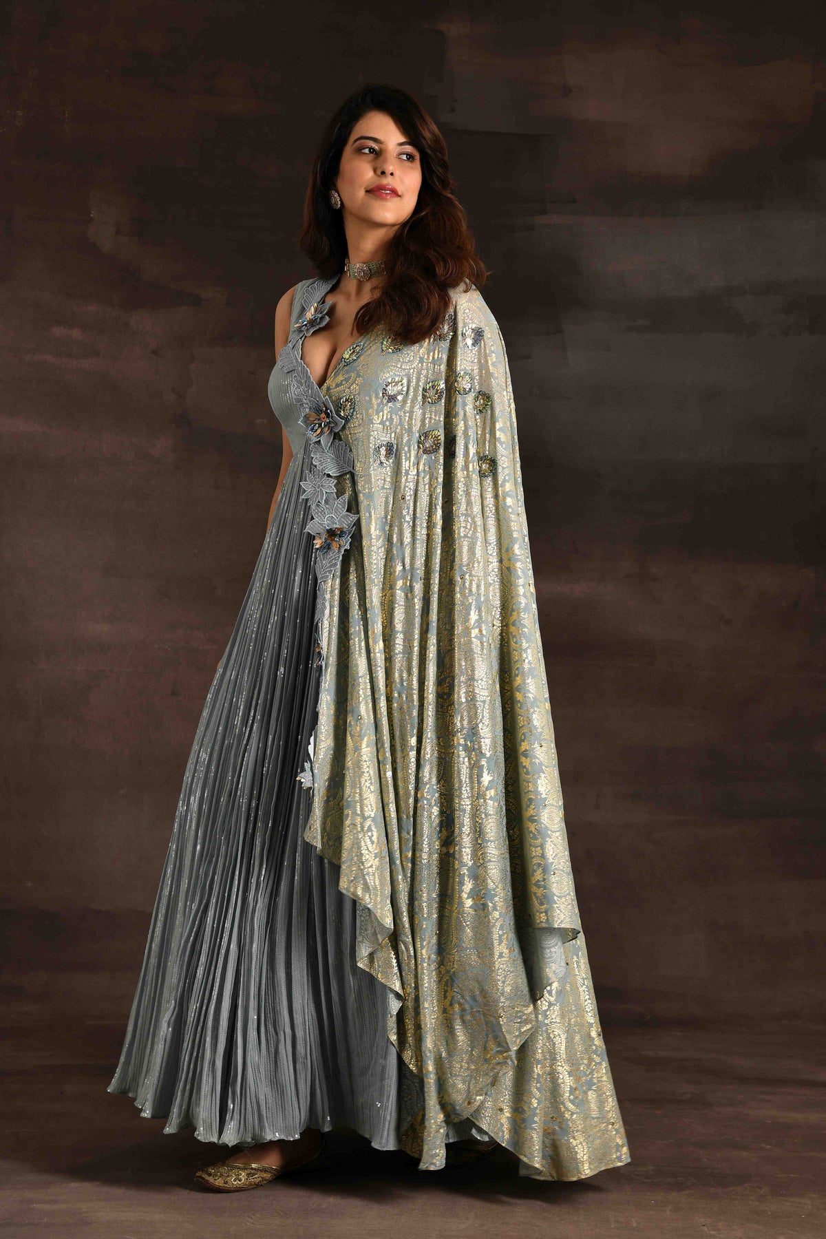 Ice Blue V Neck Anarkali With Drape