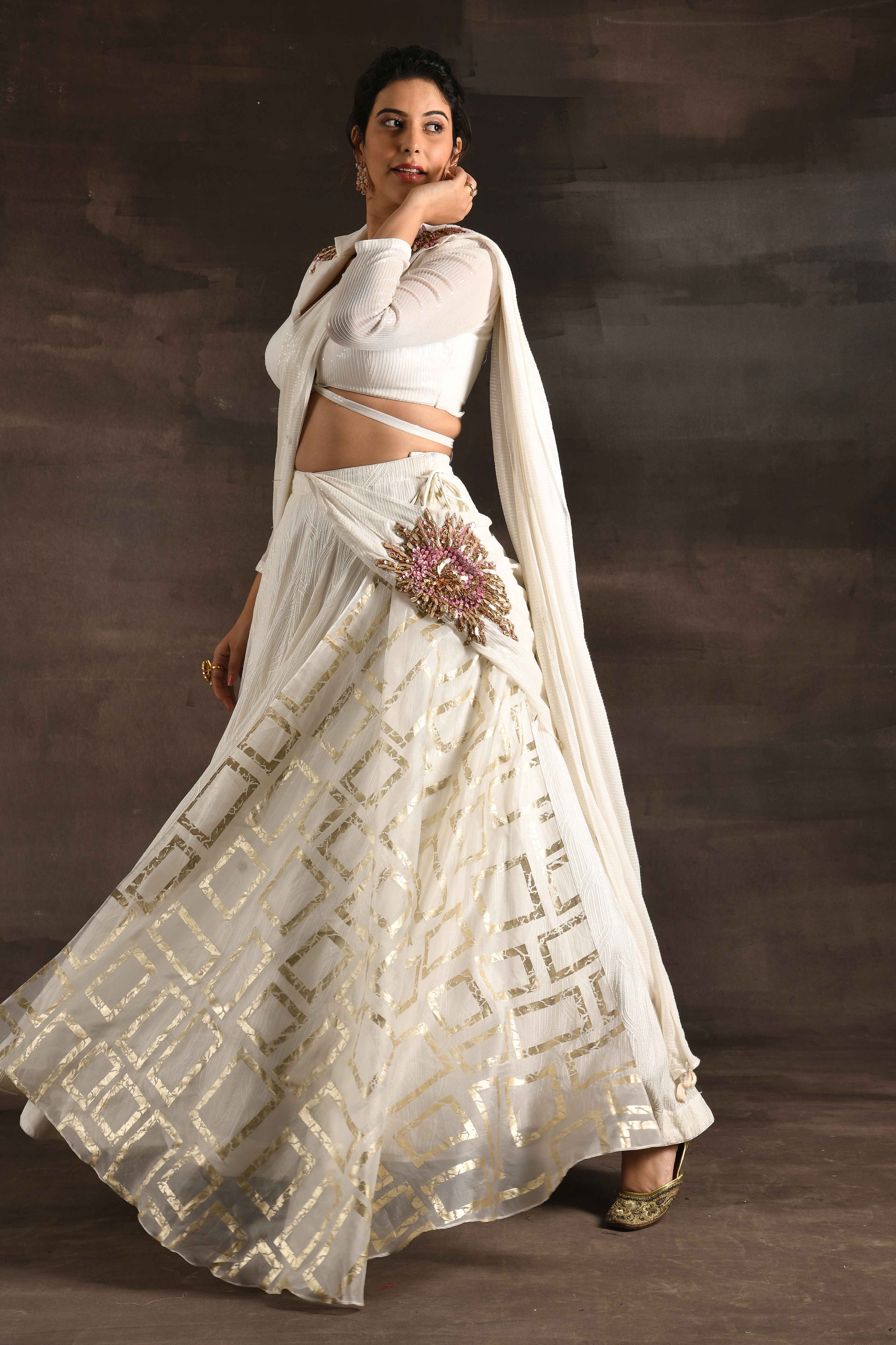 Heavy Embroidered White Lehenga Saree Set - Dress me Royal