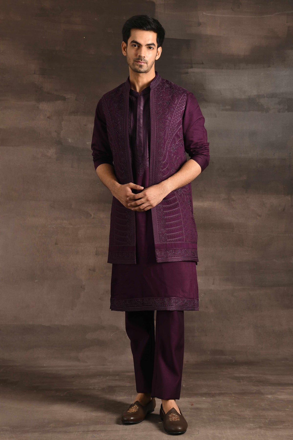 A Wine Coloured Kurta Long jacket Set