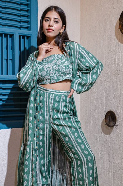 Printed Fusion Set With Cape In Green