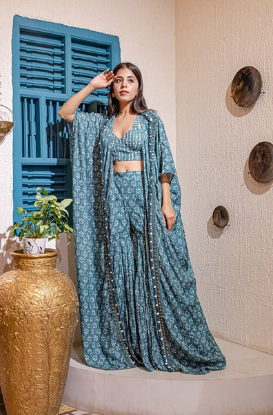 Printed Fusion Set With Cape In Blue