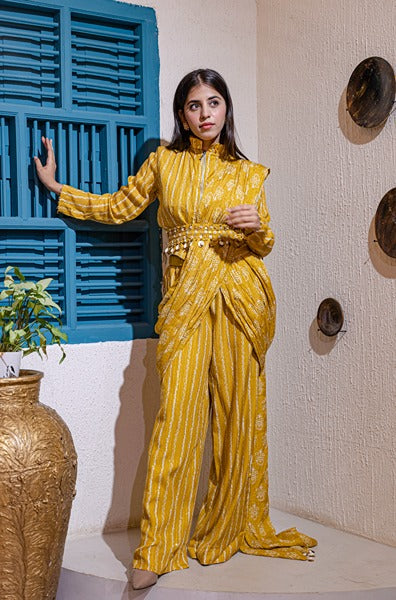 Printed Fusion Set In Mustard